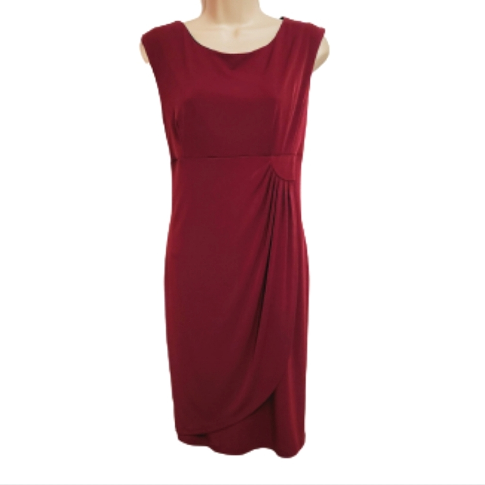 Enfocus Studio | Waist Ruching Faux Wrap Cocktail Knit Stretch Dress Red 12